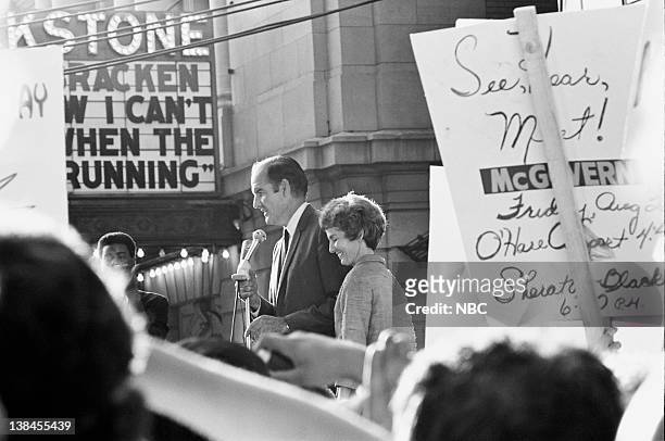 Aired - -- Pictured: Candidate Sen. George McGovern, wife Eleanor McGovern outside the Blackstone Theatre during his Presidential campaign for the...