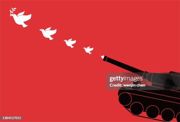illustrazioni stock, clip art, cartoni animati e icone di tendenza di manifesti contro la guerra, piccioni della pace che volano fuori dai cannoni dei carri armati - segno di pace
