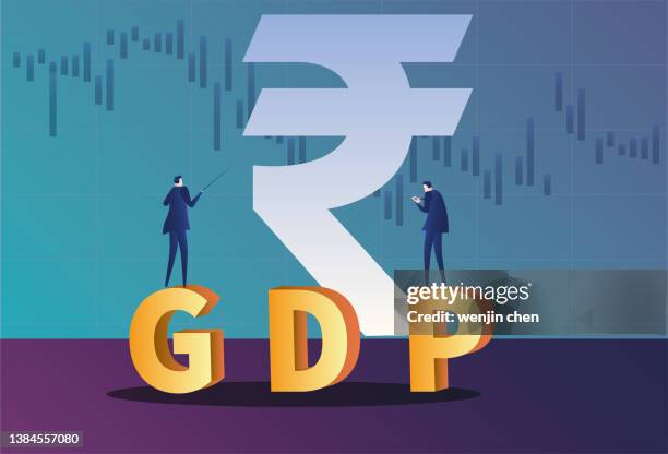 stockillustraties, clipart, cartoons en iconen met two business men discussing indian rupee gdp growth data - bruto binnenlands product