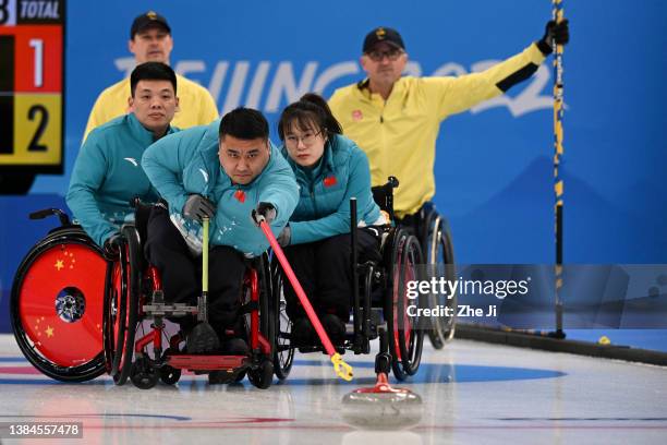 Haitao Wang of Team China competes during the Wheelchair Curling Gold Medal Game against Sweden on day eight of the Beijing 2022 Winter Paralympics...