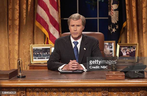 Episode 17 -- Air Date -- Pictured: Will Ferrell as President George W. Bush during "The Guccione Peace Plan" skit on April 13, 2002