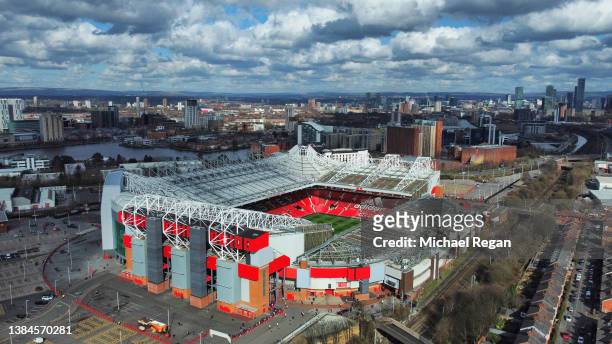 General view of Old Trafford prior to the Premier League match between Manchester United and Tottenham Hotspur at Old Trafford on March 12, 2022 in...