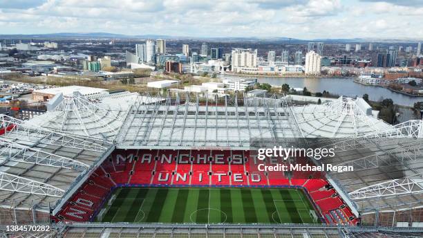 General view of Old Trafford prior to the Premier League match between Manchester United and Tottenham Hotspur at Old Trafford on March 12, 2022 in...