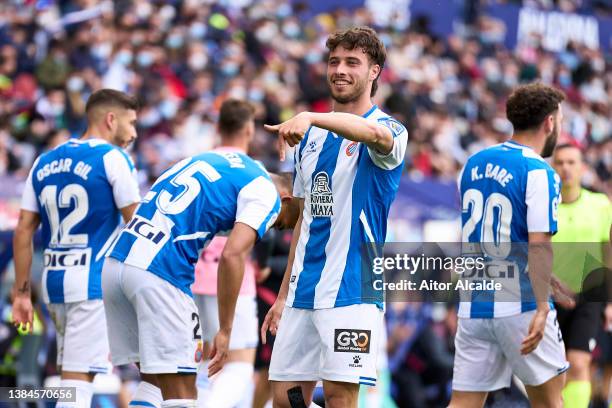 Javier Puado of RCD Espanyol celebrates after scoring goal during the LaLiga Santander match between Levante UD and RCD Espanyol at Ciutat de...