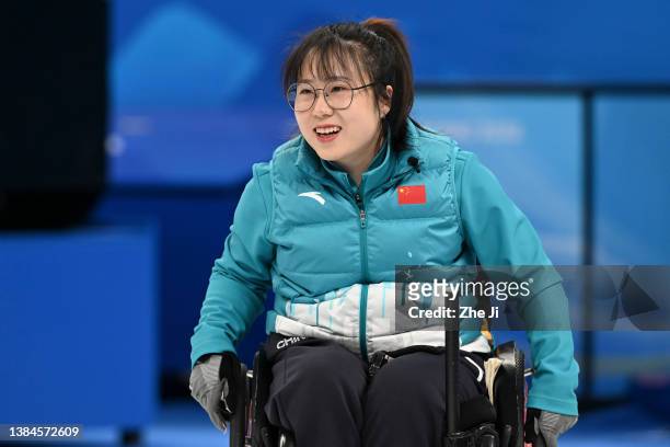 Zhuo Yan of Team China reacts during the Wheelchair Curling Gold Medal Game against Sweden on day eight of the Beijing 2022 Winter Paralympics at...