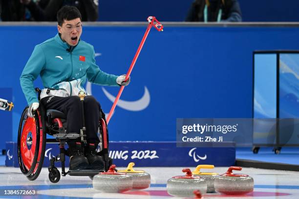 Jianxin Chen of Team China reacts during the Wheelchair Curling Gold Medal Game against Sweden on day eight of the Beijing 2022 Winter Paralympics at...