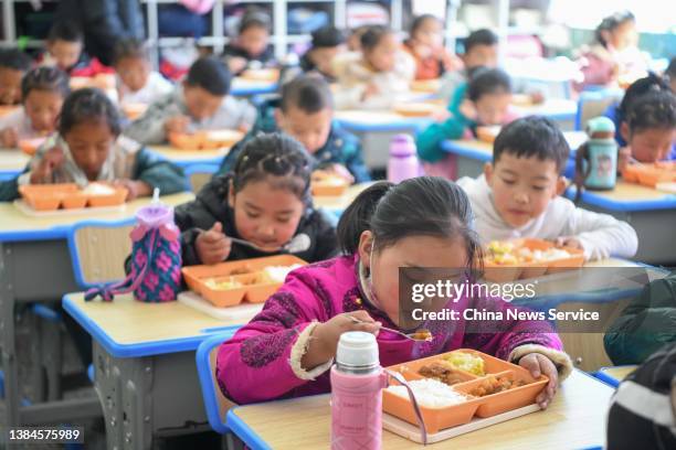 Students have boxed lunch at a primary school in Chengguan district on March 11, 2022 in Lhasa, Tibet Autonomous Region of China.