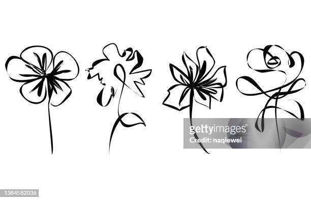 vector doodle style minimalism flower line art hand drawing  icon illustration collection - black and white flowers stock illustrations