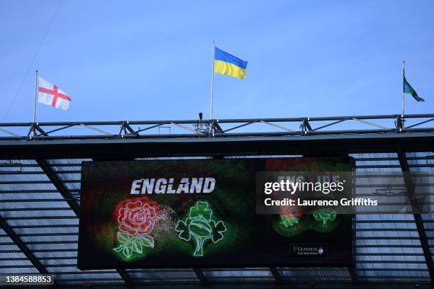 Ukrainian flag is seen flying above the LED screen inside the stadium to indicate peace and sympathy with Ukraine prior to the Guinness Six Nations...