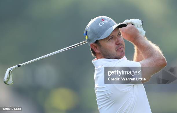 Richard Sterne of South Africa tees off on the 17th hole during the third round of the MyGolfLife Open hosted by Pecanwood at Pecanwood Golf &...