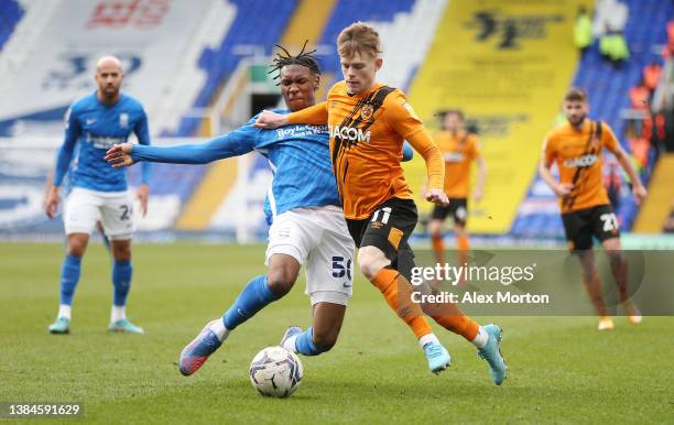 Nico Gordon of Birmingham and Keane Lewis-Potter of Hull during the Sky Bet Championship match between Birmingham City and Hull City at St Andrew's...