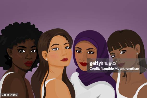 bame woman illustration concept shows beautiful women who have different color of skin tone and ethnicity smiling and looking at the camera for creating the bame woman portrait photo. - religion diversity stockfoto's en -beelden