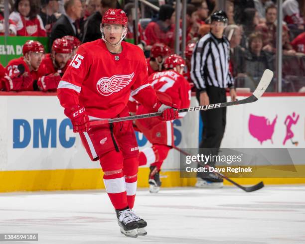 Jakub Vrana of the Detroit Red Wings follows the play against the Minnesota Wild during the third period of an NHL game at Little Caesars Arena on...