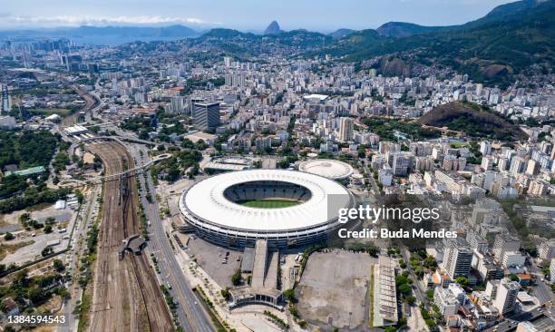 Aerial view of the Maracanã stadium a day ahead of the reopening on March 12, 2022 in Rio de Janeiro, Brazil. After three months of remaining closed...