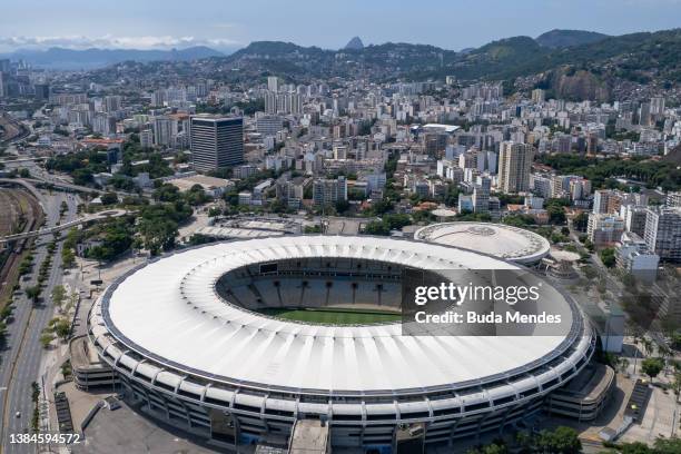 Aerial view of the Maracanã stadium a day ahead of the reopening on March 12, 2022 in Rio de Janeiro, Brazil. After three months of remaining closed...