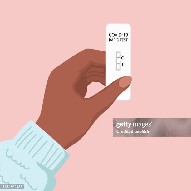 stockillustraties, clipart, cartoons en iconen met hand holding a positive covid-19 rapid rapid antigen test result strips - coronavirus test