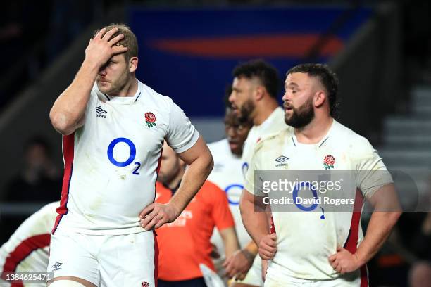Joe Launchbury of England looks dejected during the Guinness Six Nations Rugby match between England and Ireland at Twickenham Stadium on March 12,...