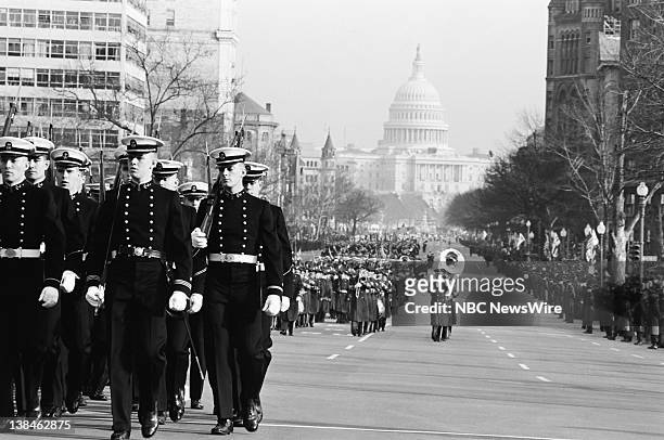 Lyndon B. Johnson 2nd Presidential Inauguration" -- Pictured: Soldiers marching in the inaugural parade down Pennsylvania Avenue at the presidential...