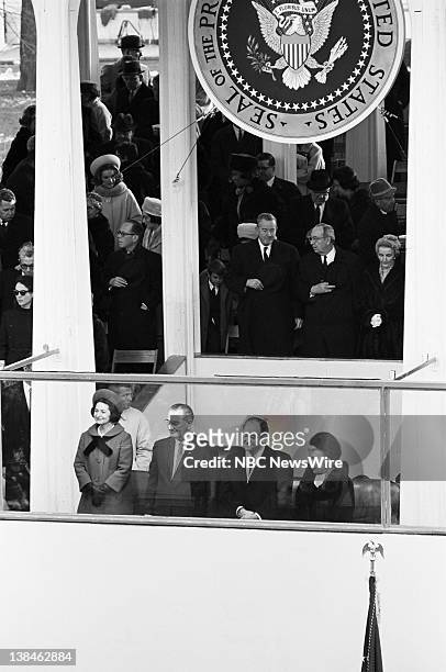 Lyndon B. Johnson 2nd Presidential Inauguration" -- Pictured: First Lady Lady Bird Johnson, President Elect Lyndon B. Johnson, VIce President Hubert...