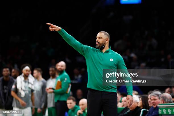 Ime Udoka head coach of the Boston Celtics reacts during the fourth quarter of the game against the Detroit Pistons at TD Garden on March 11, 2022 in...