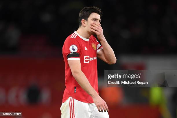 Harry Maguire of Manchester United reacts after their sides victory during the Premier League match between Manchester United and Tottenham Hotspur...