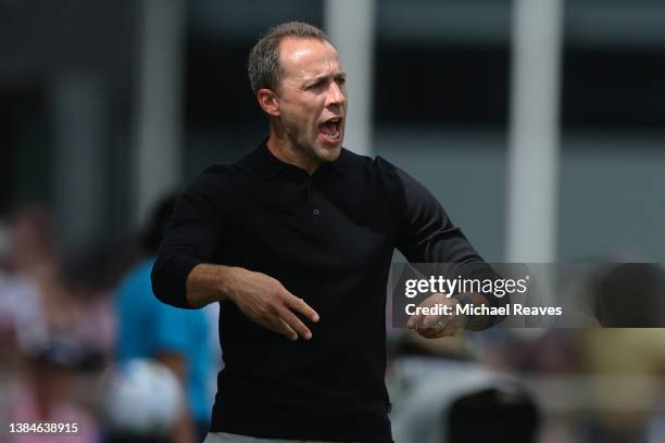 Head coach Steve Cherundolo of Los Angeles FC reacts against Inter Miami CF during the first half at DRV PNK Stadium on March 12, 2022 in Fort...