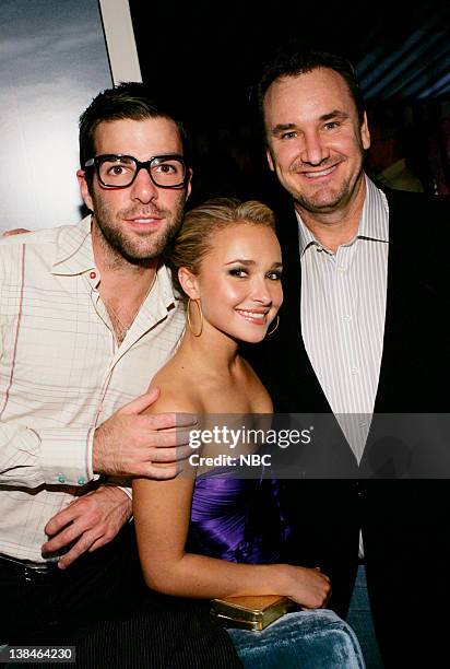 Perry Ellis, Vanity Fair, and UMS Pre-Emmy Party -- Pictured: Actors Zachary Quinto, Hayden Panettiere, and Executive Producer Greg Beeman -- Perry...