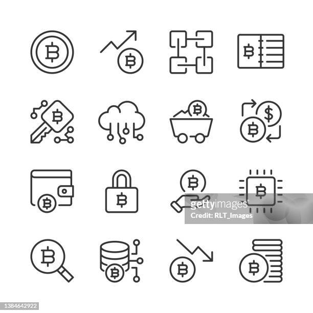 cryptocurrency icons — monoline series - printed circuit b stock illustrations