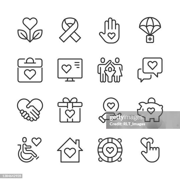 ilustraciones, imágenes clip art, dibujos animados e iconos de stock de iconos de caridad y donaciones — monoline series - ayuda humanitaria