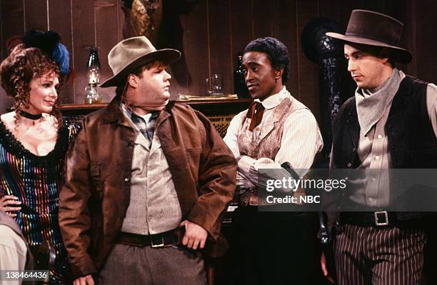 Episode 8 -- Pictured: Julia Sweeney as lady, Chris Farley as Jake, Tim Meadows as bartender, Adam Sandler as patron during the 'Johnny Letter' skit...