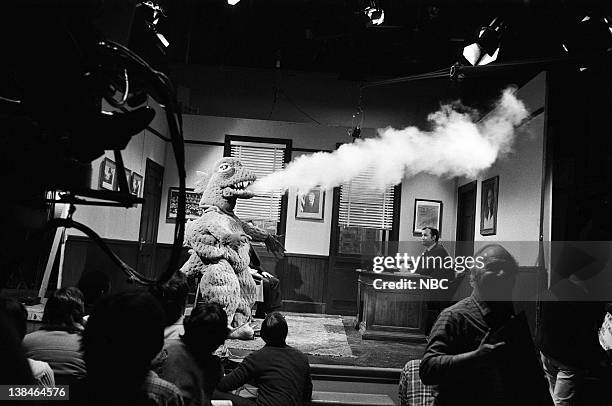 Episode 11 -- Air Date -- Pictured: Godzilla, Bill Murray as the judge during "Kramer vs. Godzilla" skit on February 16, 1980