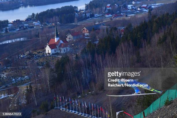 Arttu Aigro of Estonia competes during the Individual HS240 at the FIS World Cup Ski Jumping Men Vikersund at on March 12, 2022 in Vikersund, Norway.