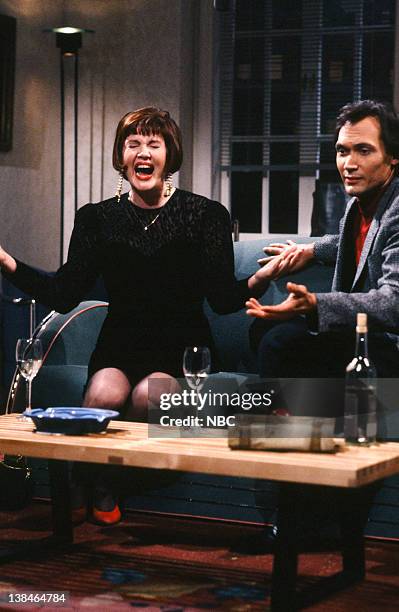 Episode 5 -- Pictured: Julia Sweeney as Maureen, Jimmy Smits as Richard during the 'Ditzy Date' skit on November 10, 1990