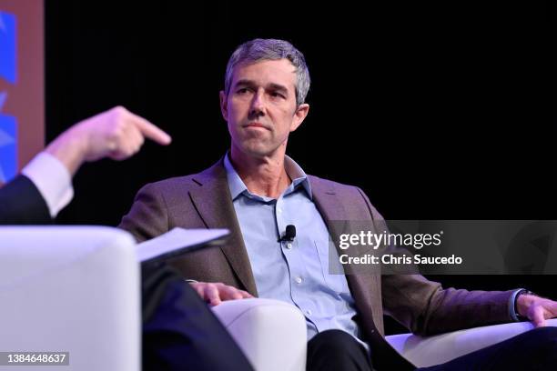 Beto O'Rourke speaks onstage at 'Beto O'Rourke in Conversation with Evan Smith ' during the 2022 SXSW Conference and Festivals at Hilton Austin on...