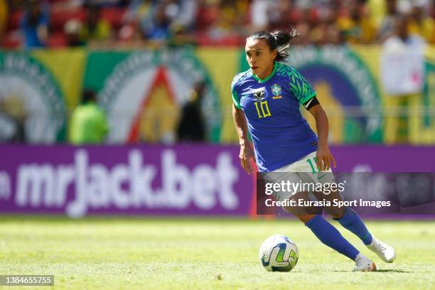 Marta Vieira da Silva of Brazil controls the ball during Women's International Friendly match between Brazil and Chile at Mane Garrincha Stadium on...