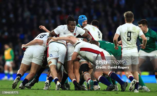 Maro Itoje of Enland controls the maul during the Guinness Six Nations Rugby match between England and Ireland at Twickenham Stadium on March 12,...