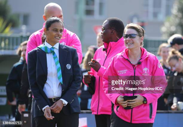 Match referee GS Lakshmi and Umpire Lauren Agenbag are seen prior to the 2022 ICC Women's Cricket World Cup match between New Zealand and Australia...