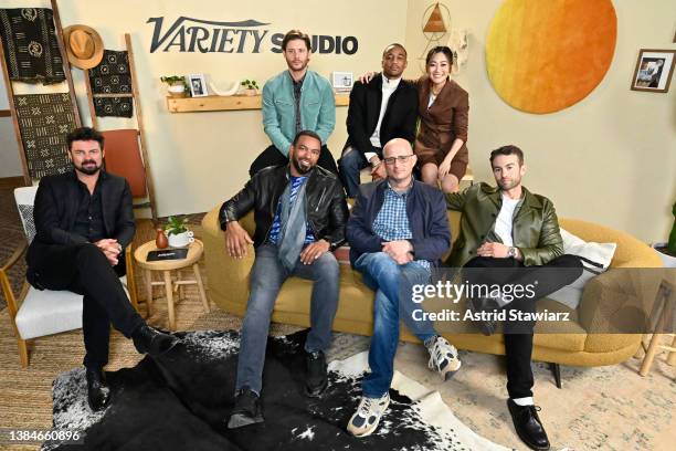 Karl Urban, Jensen Ackles, Laz Alonso, Jessie Usher, Eric Kripke, Karen Fukuhara and Chace Crawford from the series The Boys poses at the Variety...