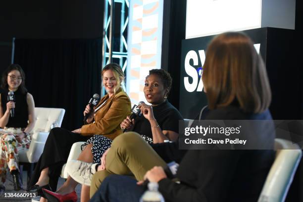 Clara Chan, Alison Roman, Audie Cornish, Rex Chapman, and Kasie Hunt speak onstage at "The Bold Jump To Streaming News" during the 2022 SXSW...