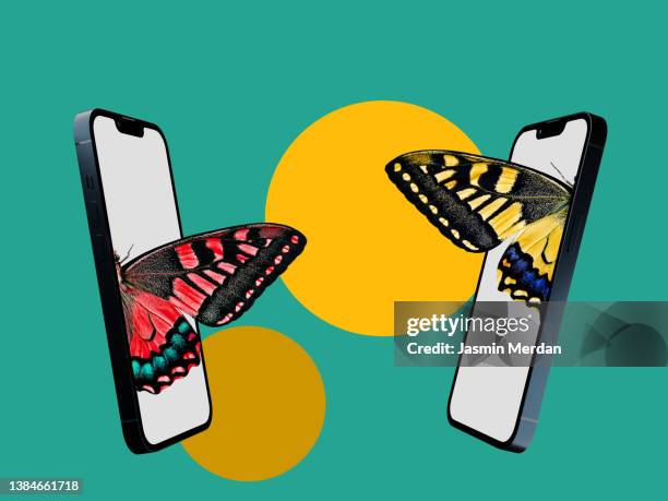 butterfly from mobile phones screen to save the environment - phone mid air stock pictures, royalty-free photos & images