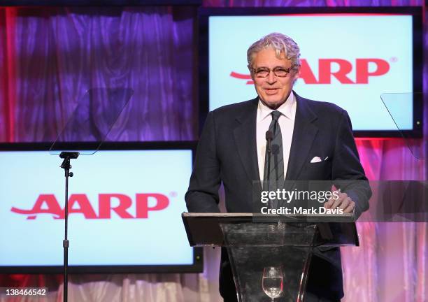 Host Michael Nouri speaks onstage at AARP Magazine's 11th Annual Movies for Grownups Awards Gala at the Beverly Wilshire Four Seasons Hotel on...