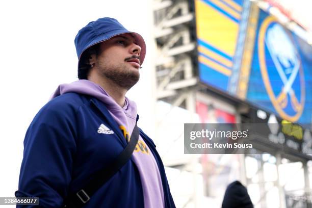 Auston Matthews of the Toronto Maple Leafs and teammates arrive for practice at Tim Hortons Field on March 12, 2022 in Hamilton, Ontario.