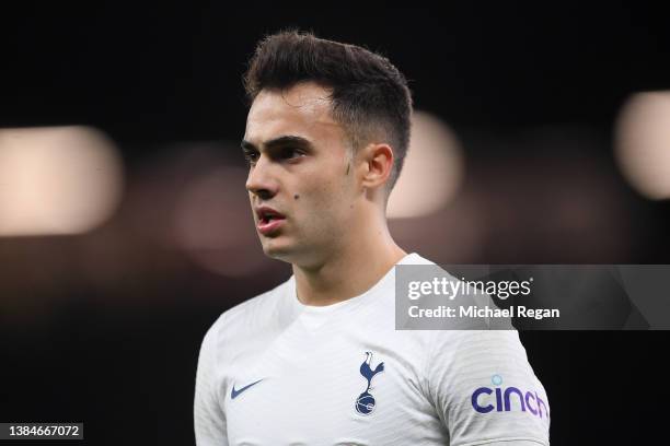 Sergio Reguilon of Spurs looks on during the Premier League match between Manchester United and Tottenham Hotspur at Old Trafford on March 12, 2022...