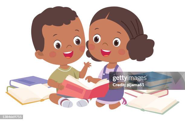 ilustrações de stock, clip art, desenhos animados e ícones de african smiling boy and girl reading books. cartoon illustration for banner, poster. - jovens estudando