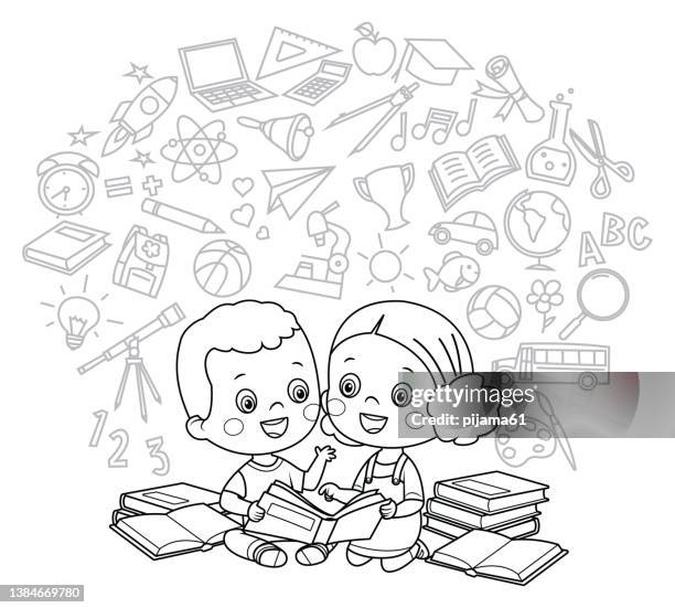 ilustrações de stock, clip art, desenhos animados e ícones de black and white, cute boy and girl reading books. - activity