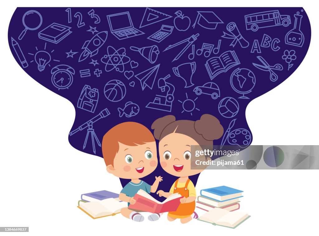 Cute boy and girl reading books. Cartoon illustration for banner, poster.