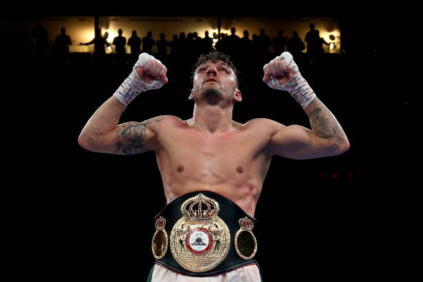 Leigh Wood celebrates following victory during the WBA World Featherweight Title fight between Leigh Wood and Michael Conlan at Motorpoint Arena...