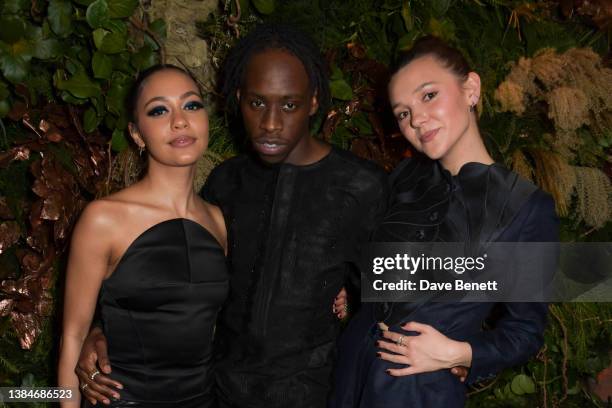 Kassius Nelson, Michael Ajao and Synnove Karlsen attend the Universal Pictures and Focus Features pre-Bafta celebration at Chiltern Firehouse on...