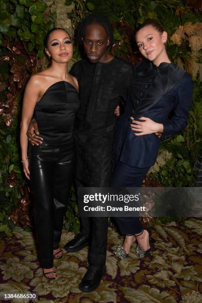 Kassius Nelson, Michael Ajao and Synnove Karlsen attend the Universal Pictures and Focus Features pre-Bafta celebration at Chiltern Firehouse on...