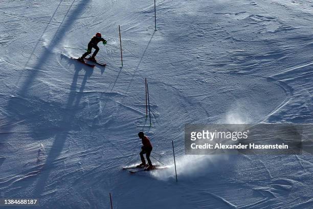 Patrick Jensen of Team Australia competes in the Para Alpine Skiing Men's Slalom Vision Impaired during day nine of the Beijing 2022 Winter...